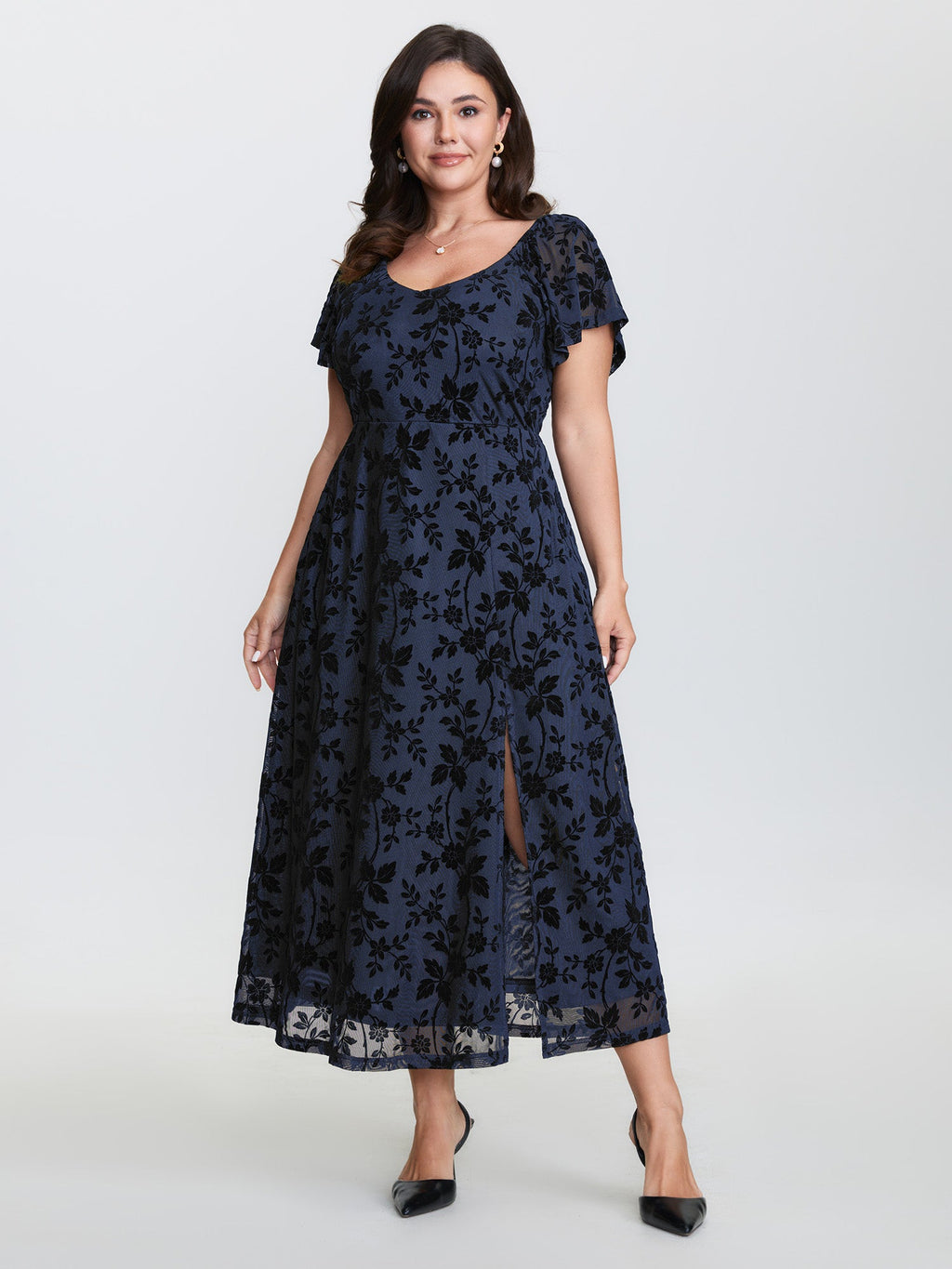 Floral Textured Jacquard Slit Hem Maxi Dress