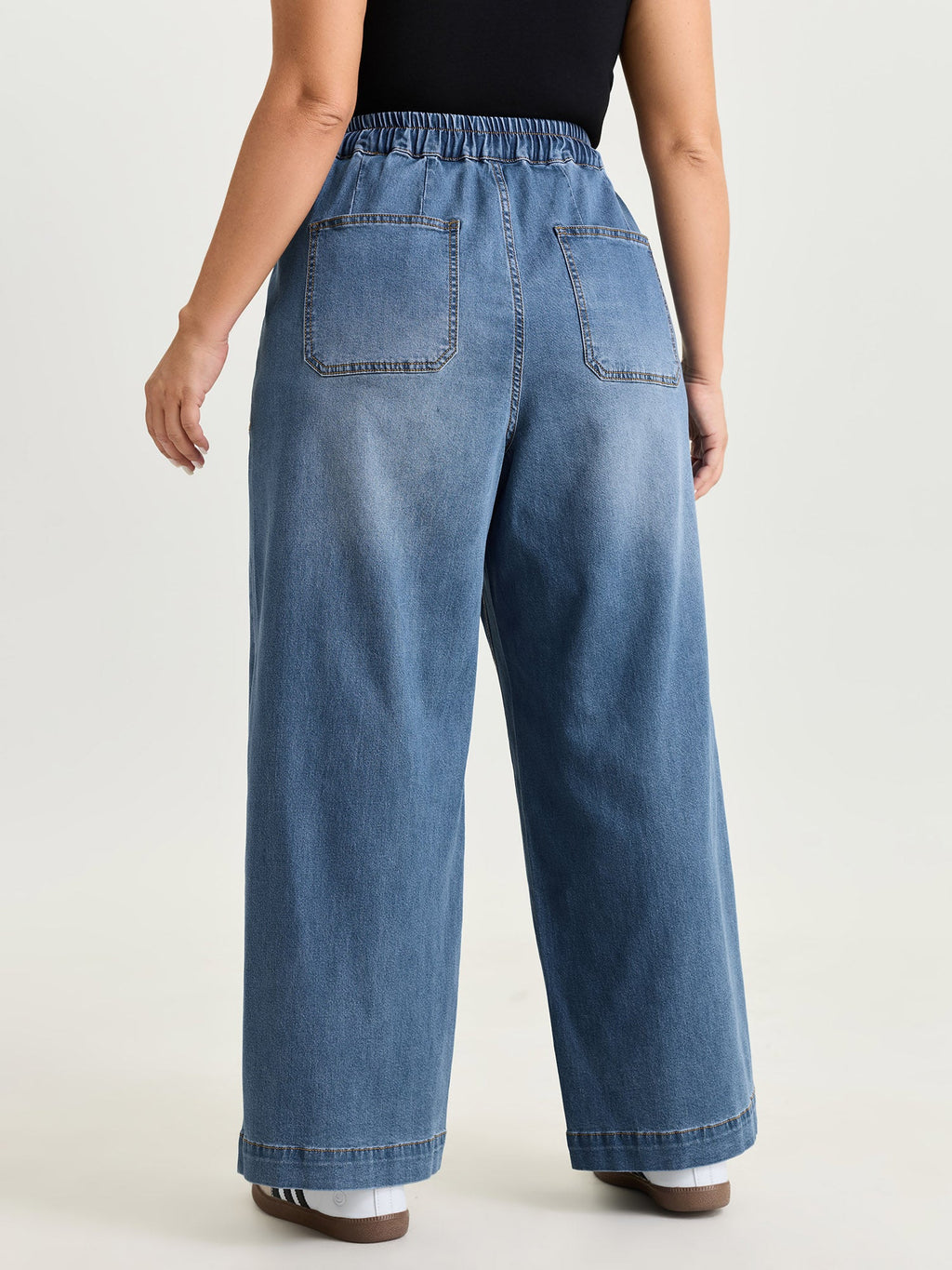 Elastic Waist Medium Wash Wide-Leg Jeans