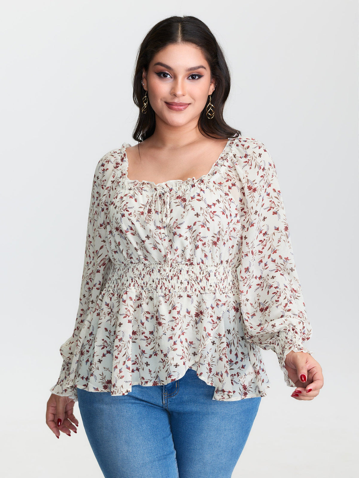 Floral Drawstring Neckline Shirred Blouse