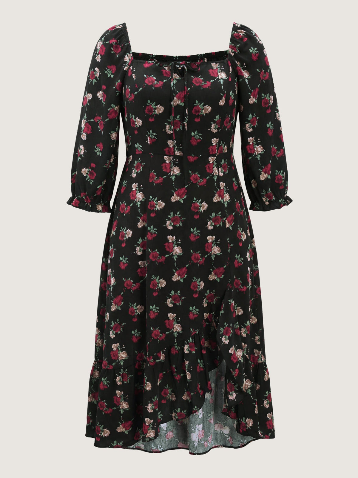 Colorful Rose Pattern Drawstring Neckline Midi Dress