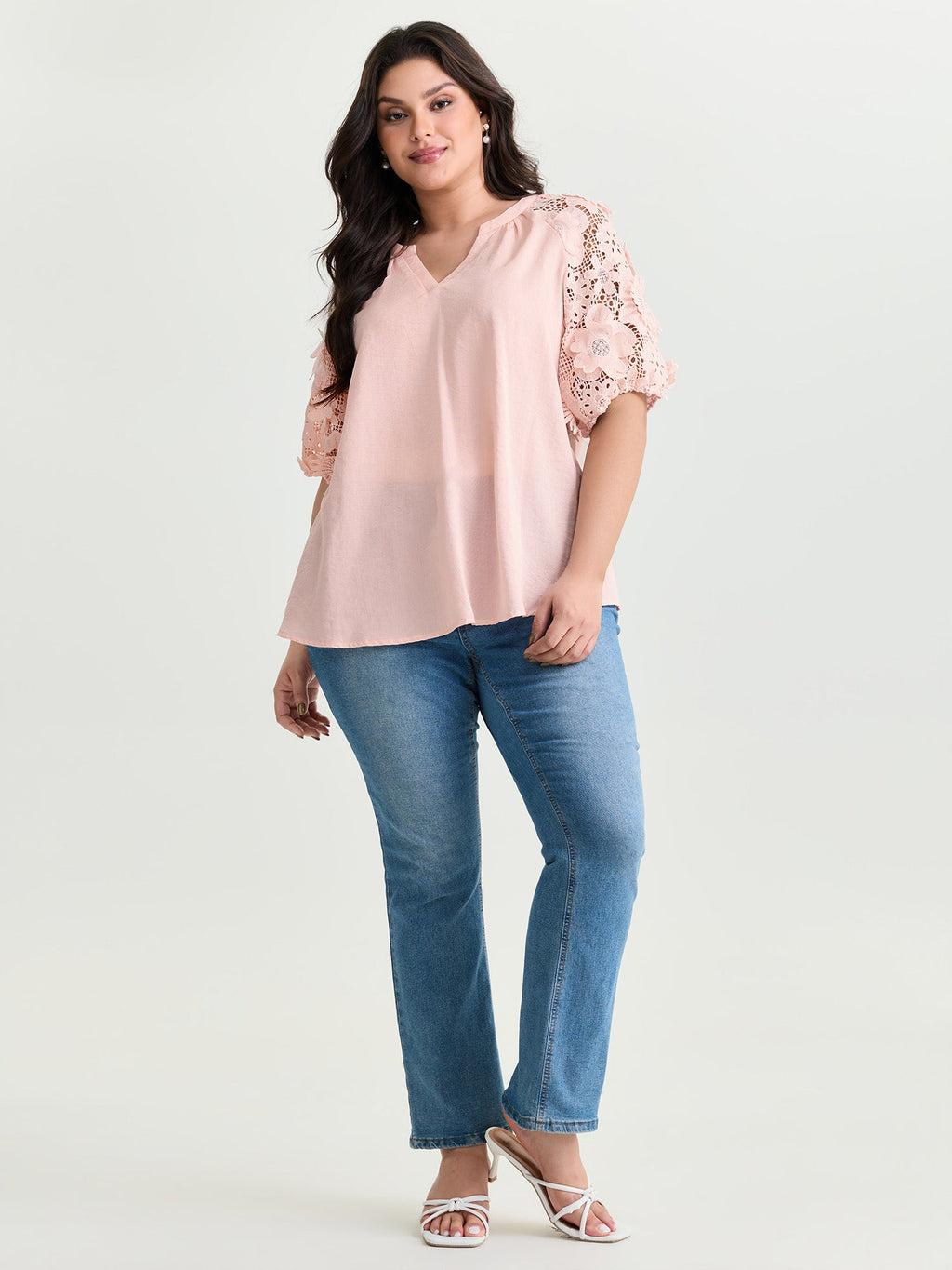 3D Floral Sleeve Spliced Flowy Blouse