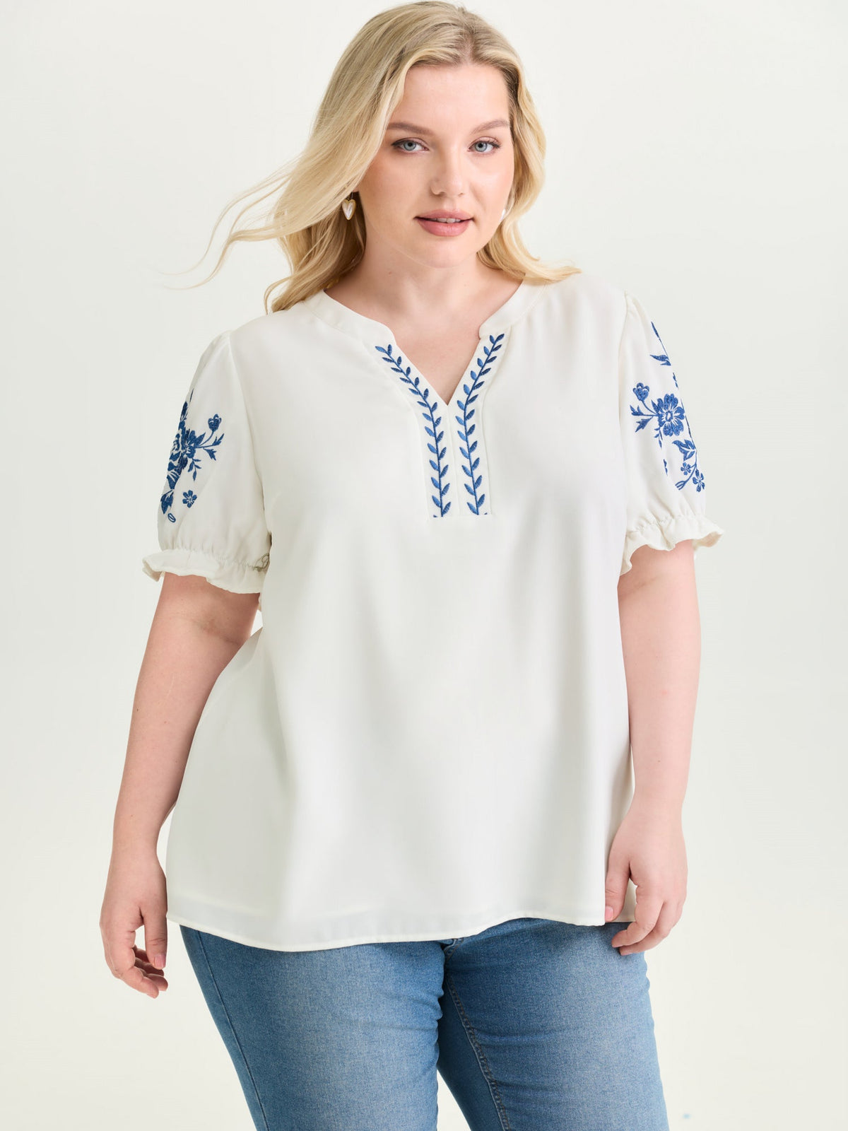 Notched Collar Embroidered Ruffled Blouse