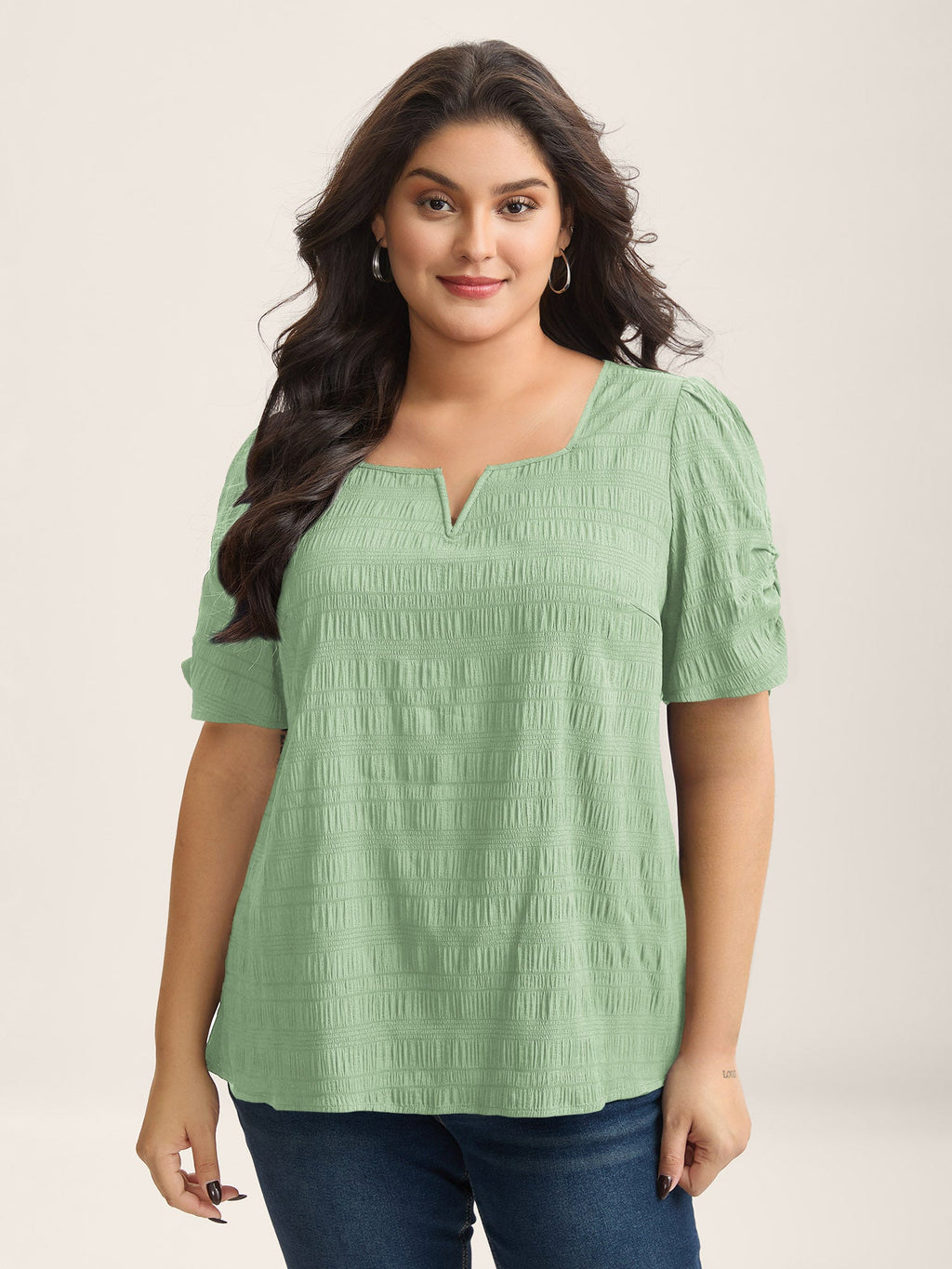 Textured Gathered Sleeve Split Neck Blouse