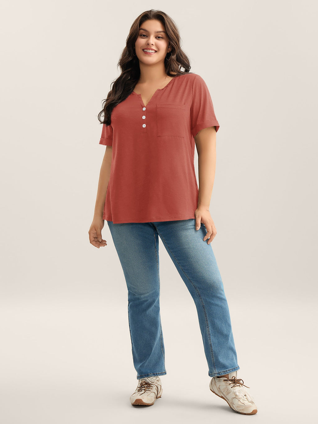 Solid Split Neck Button Detail T-Shirt