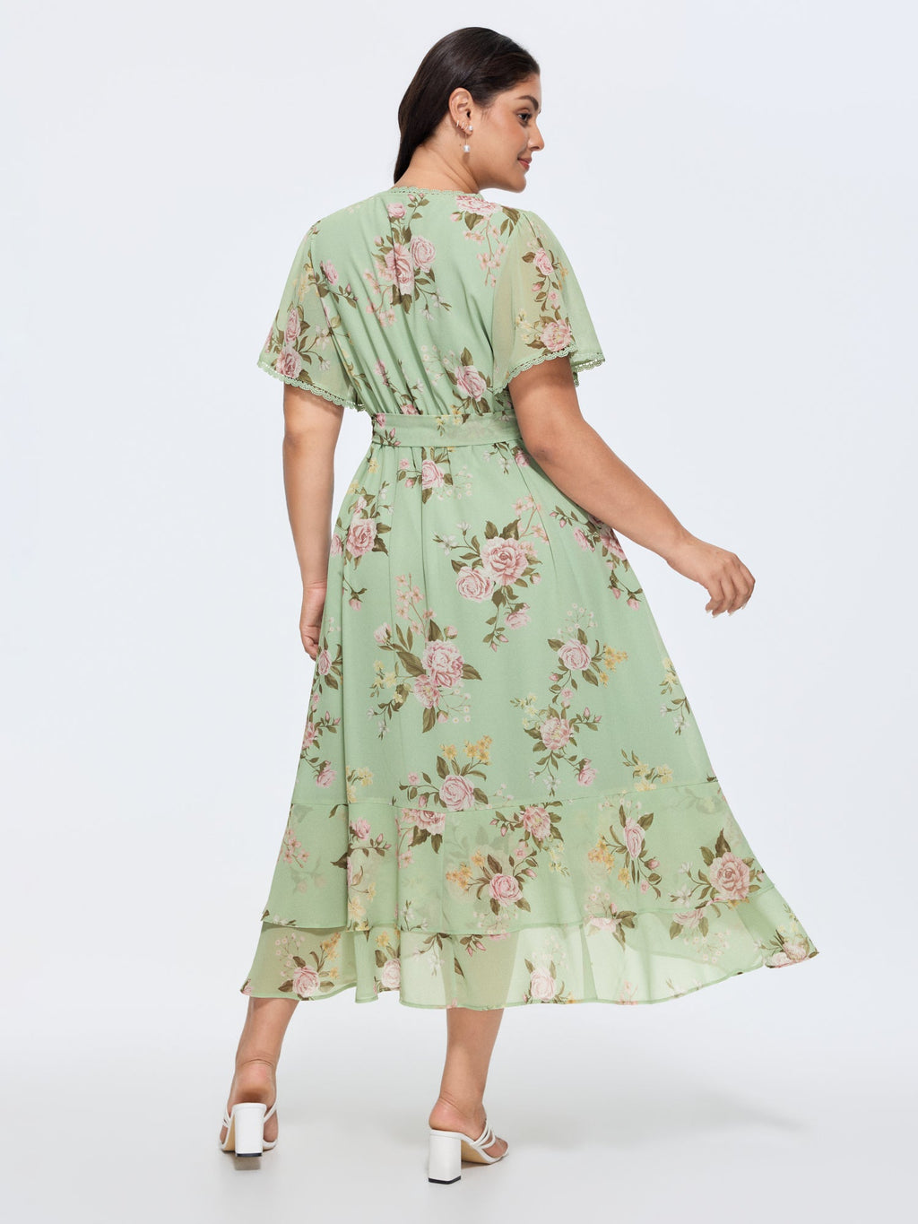 Soft Floral Print Lotus Leaf Hem Midi Dress