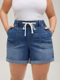 Pull-On Folded Hem High-Rise Denim Shorts