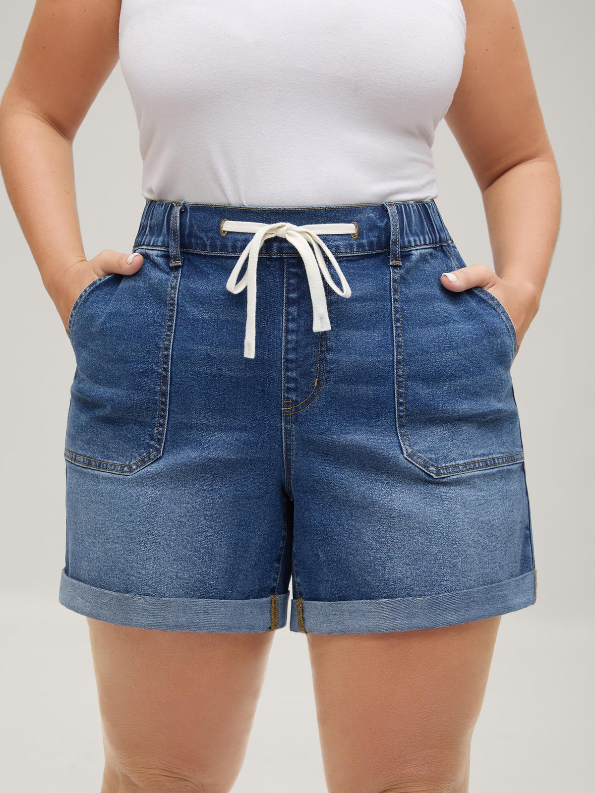 Pull-On Folded Hem High-Rise Denim Shorts