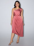 One-Shoulder Draped Asymmetrical Hem Midi Dress