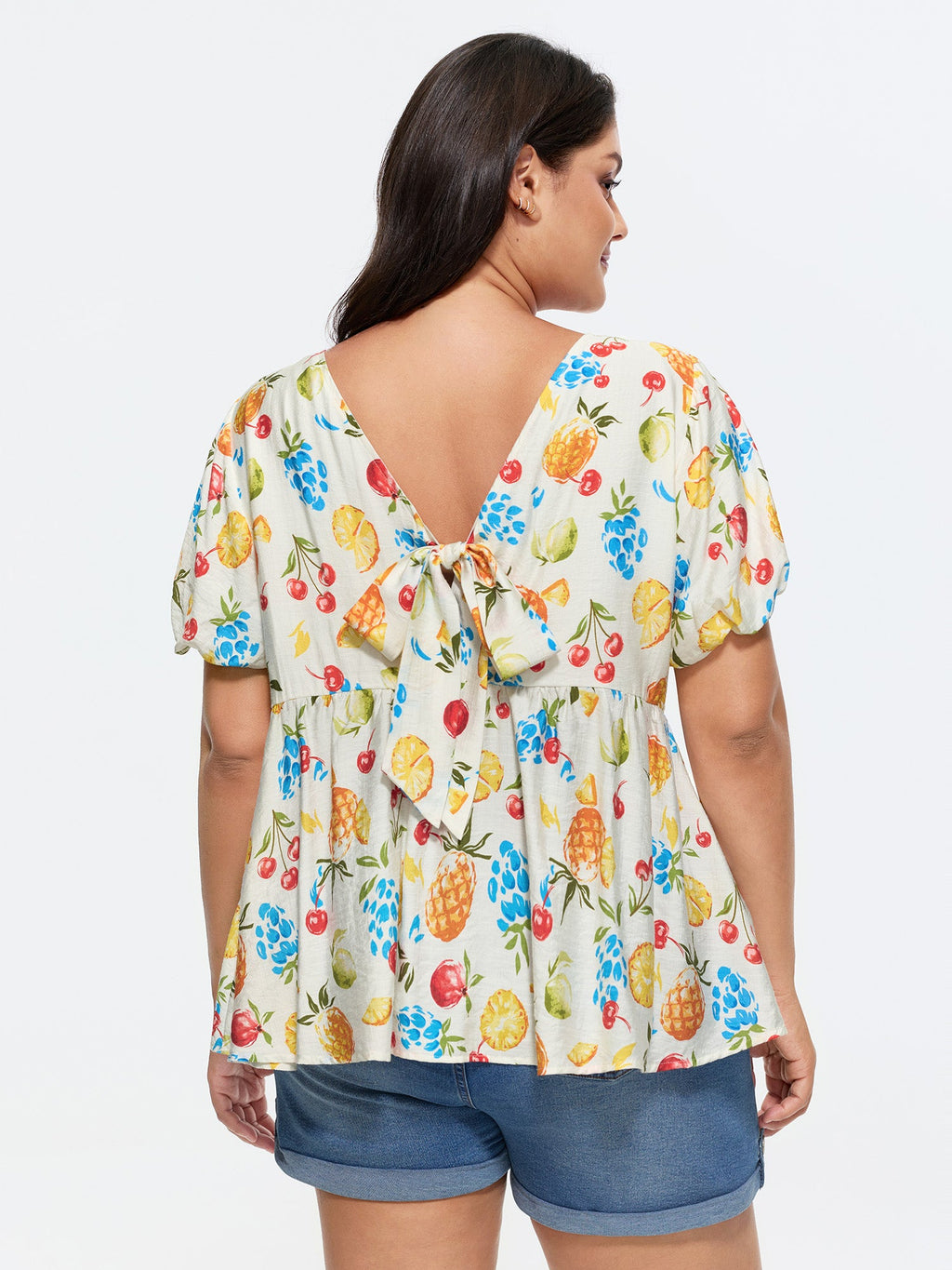 Fruit Print Bowknot Pleated Neckline Blouse