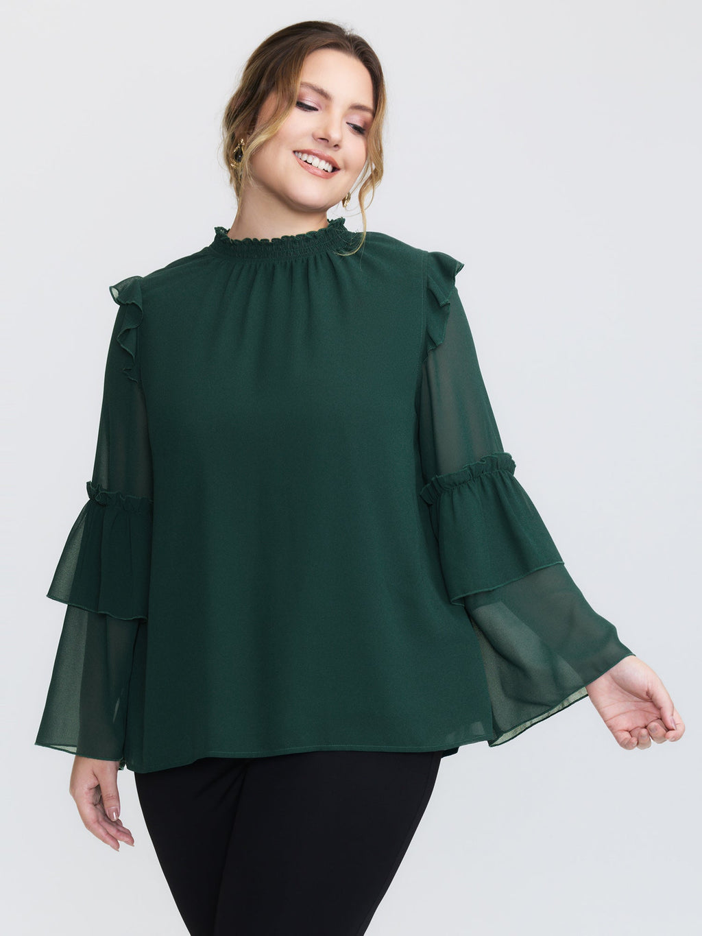 Shirred Layered Ruffled Sheer Sleeve Blouse