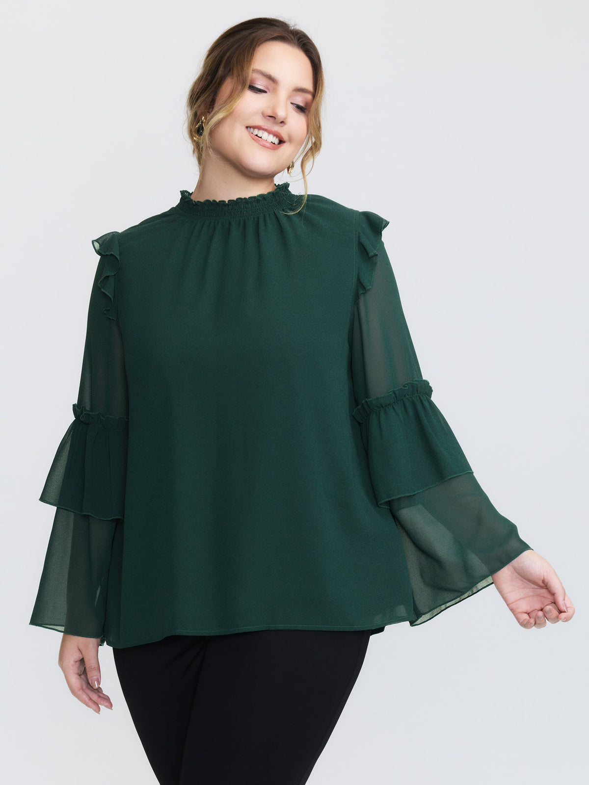 Shirred Layered Ruffled Sheer Sleeve Blouse