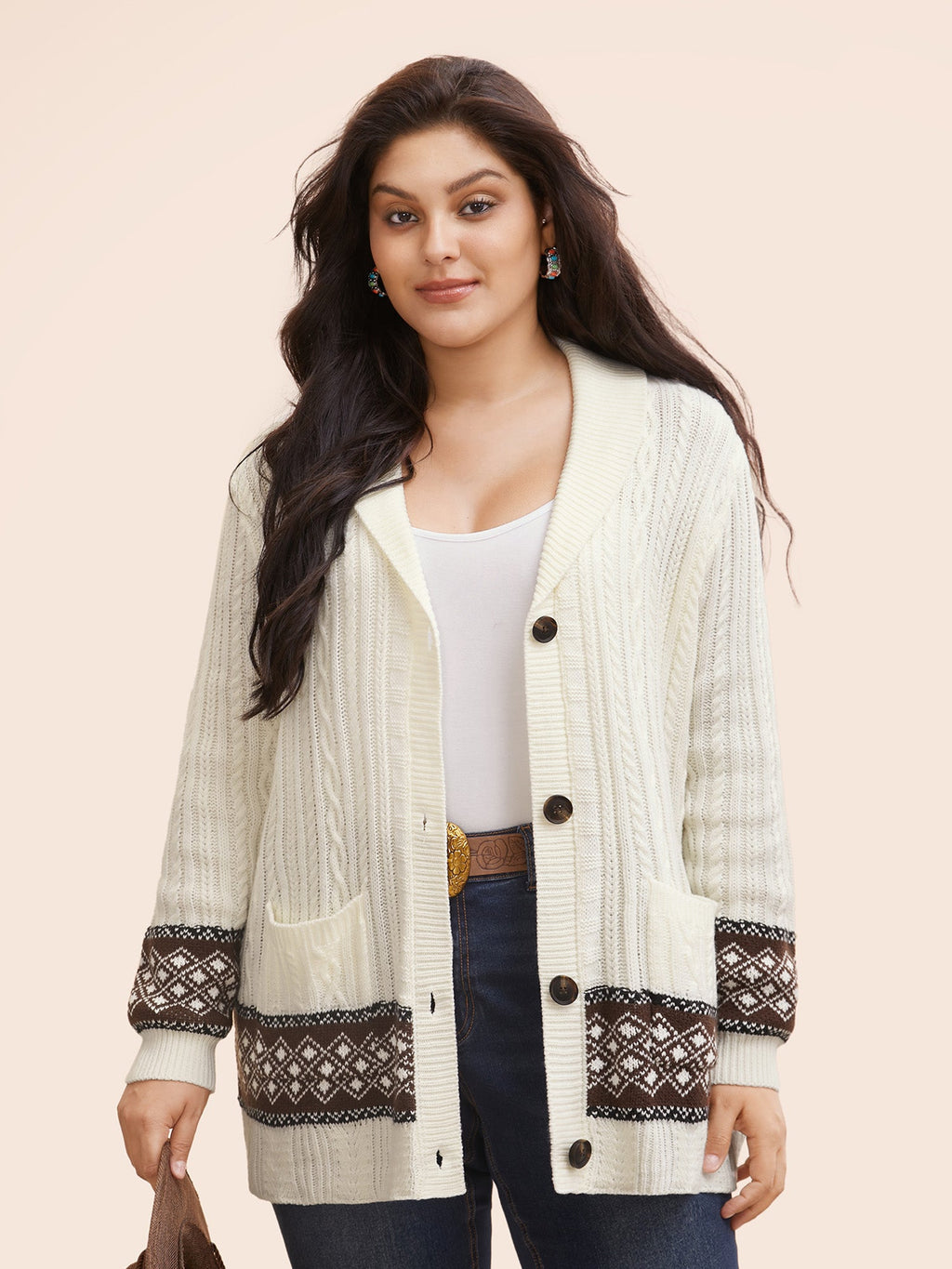Cable Knit Pockets Collared Cardigan