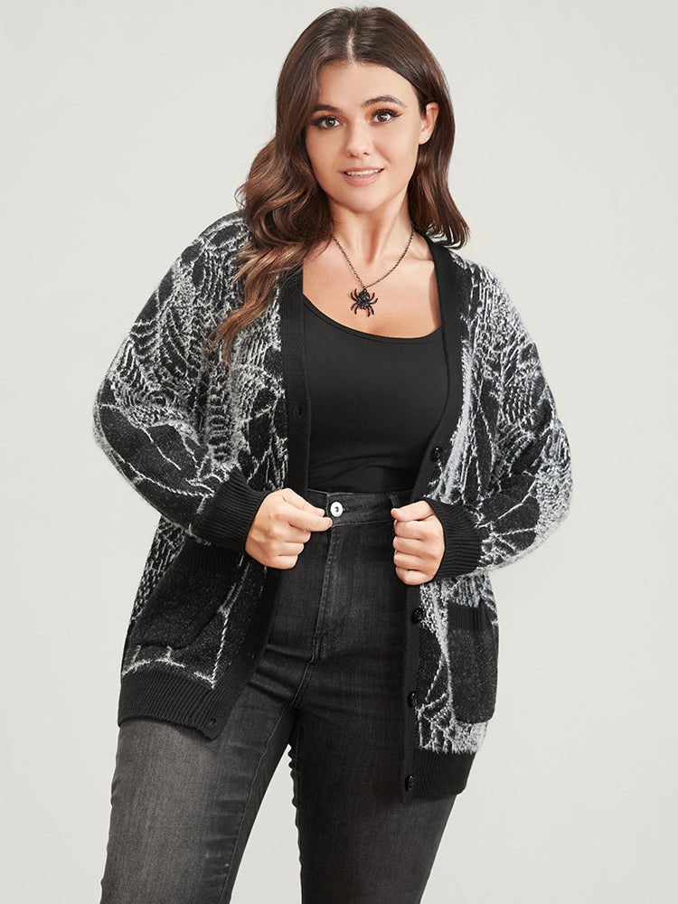 Spider Web Plush Knit Pocket Button Front Cardigan