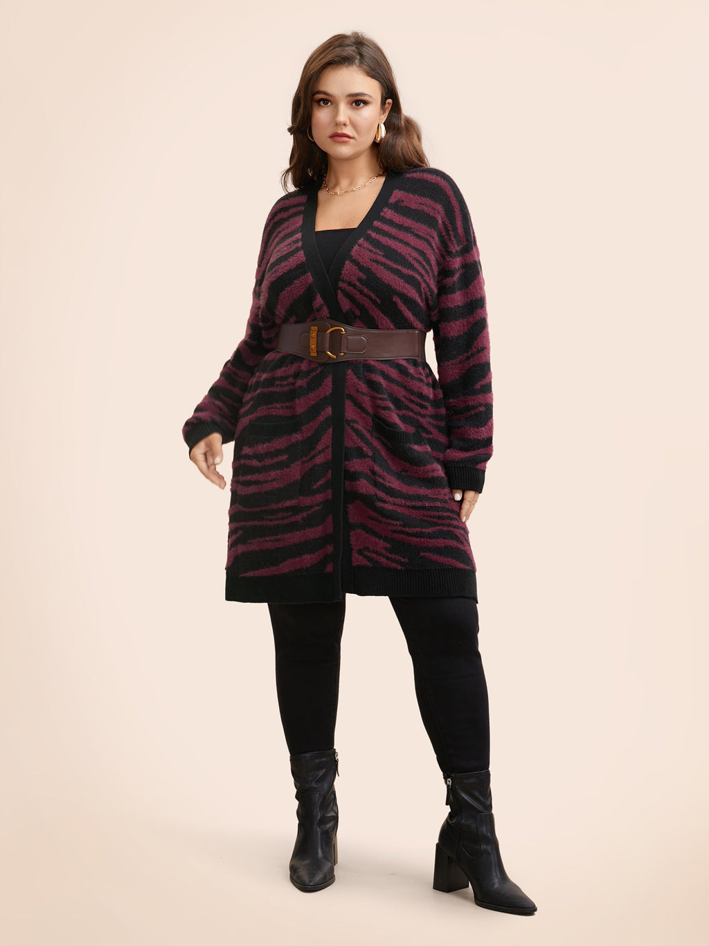 Zebra Print Fluffy Patch Pocket Cardigan