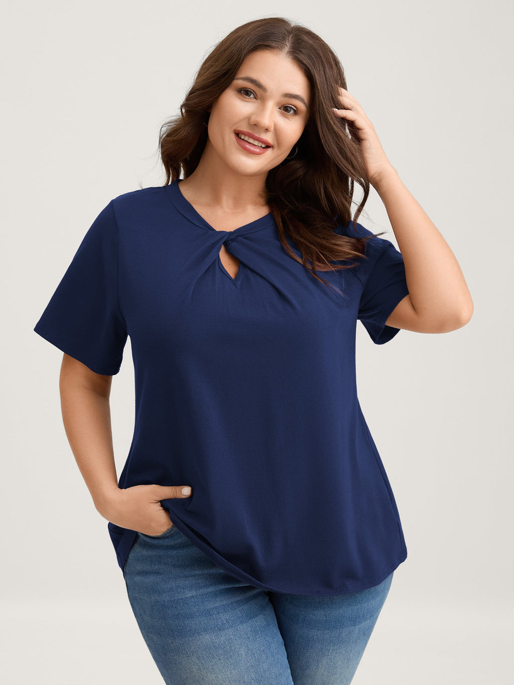 Knotted Cut-Out Neckline Solid T-Shirt