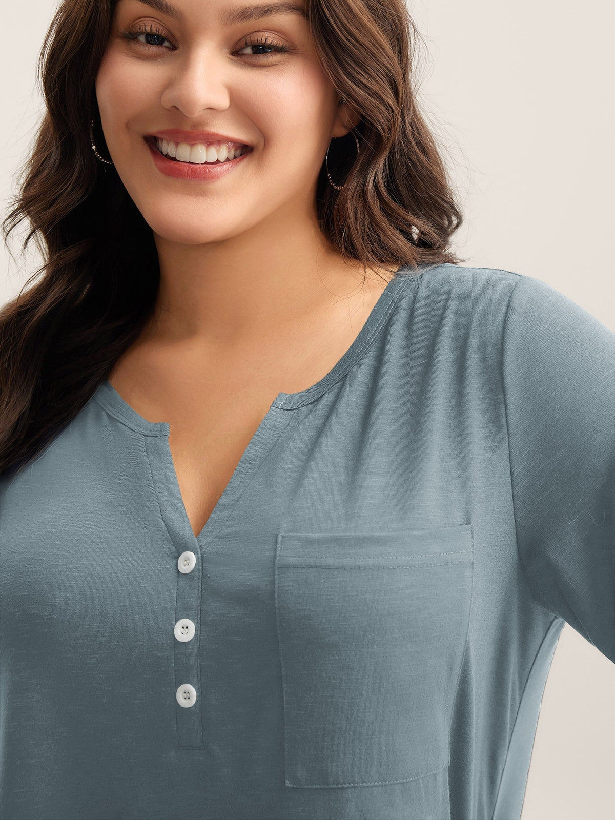 Solid Split Neck Button Detail T-Shirt