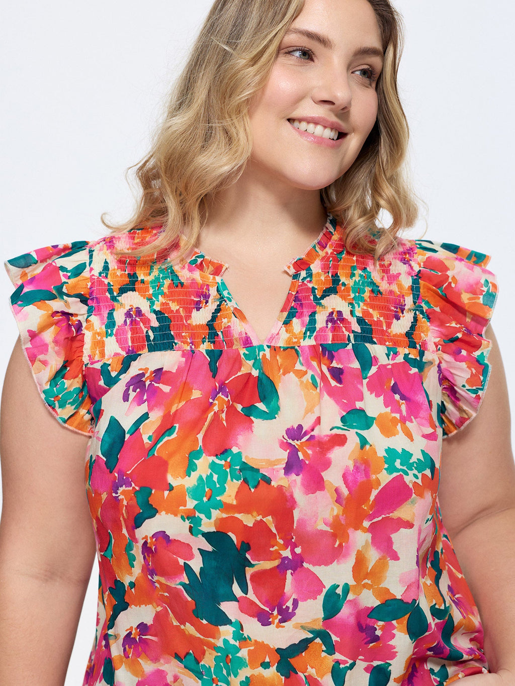 Cotton Vibrant Floral Print Flutter Sleeve Blouse