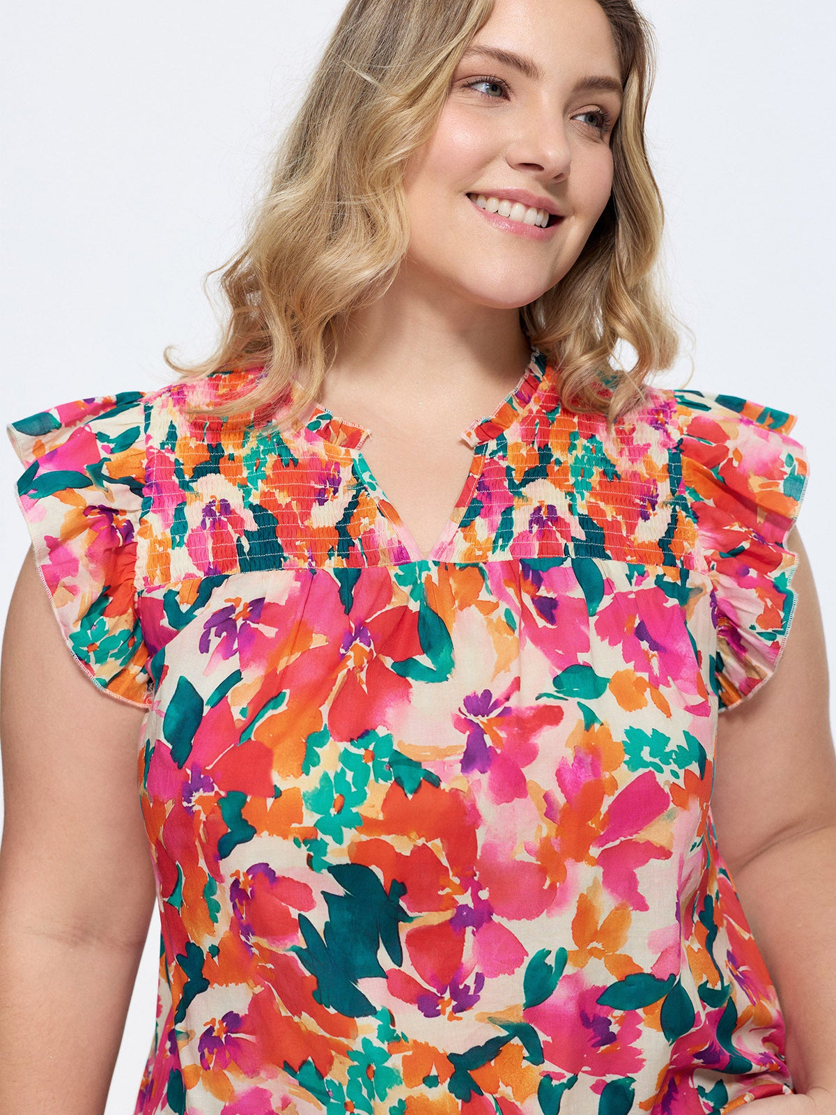 Cotton Vibrant Floral Print Flutter Sleeve Blouse
