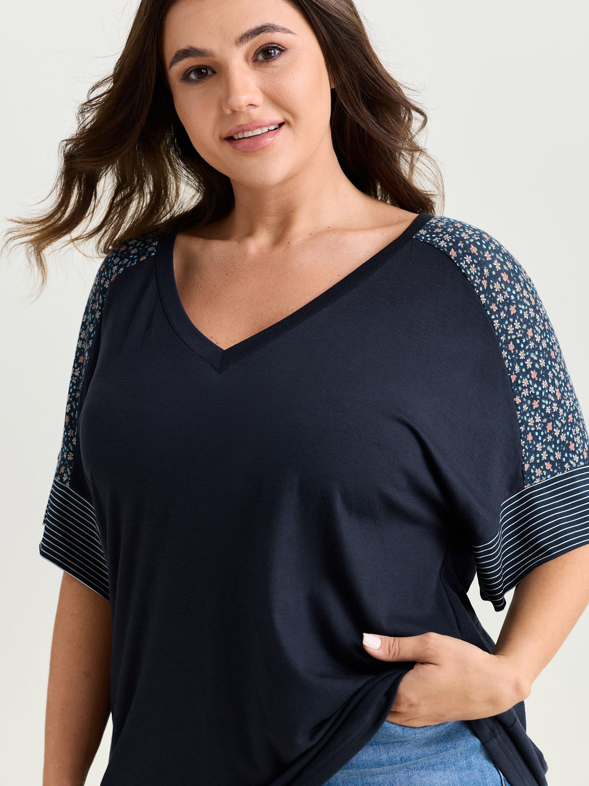 Supersoft Color Contrast Sleeve V-Neck T-Shirt