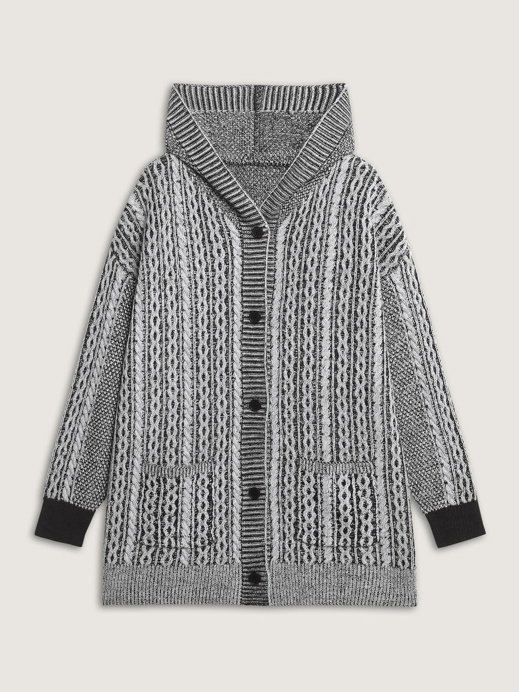 Braided Texture Button Stretchy Pockets Knit Cardigan