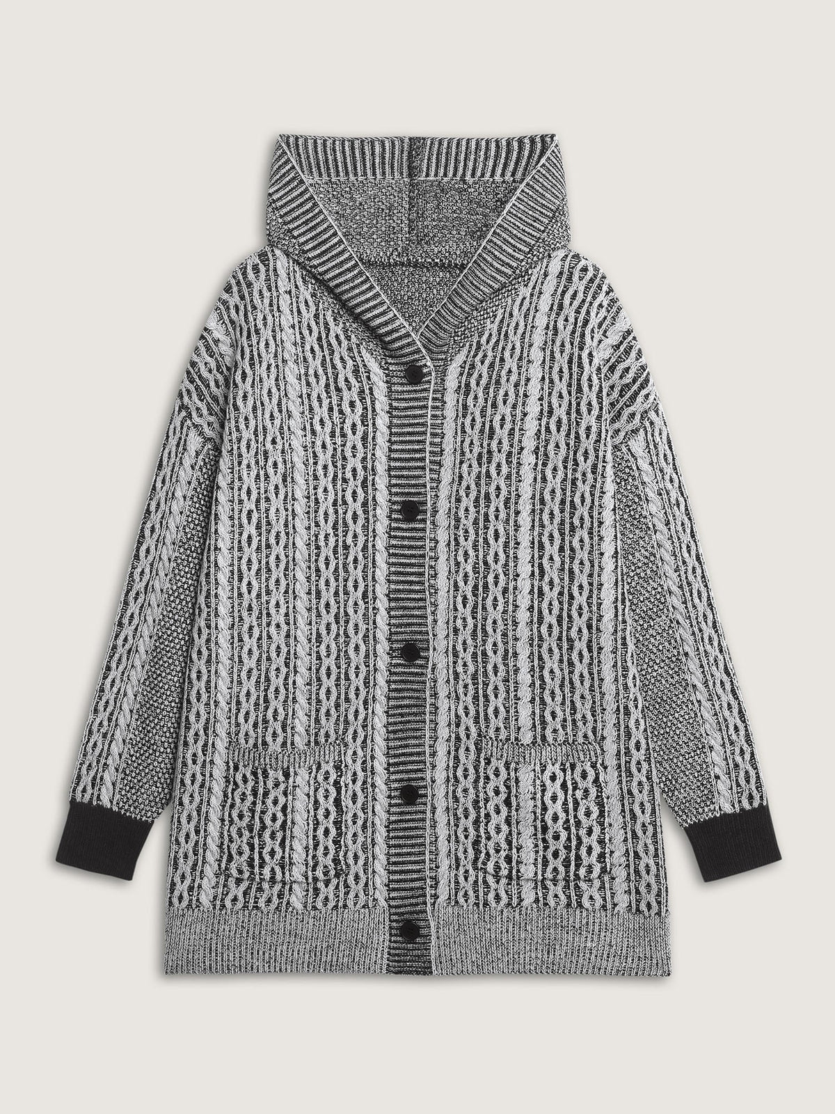 Braided Texture Button Stretchy Pockets Knit Cardigan
