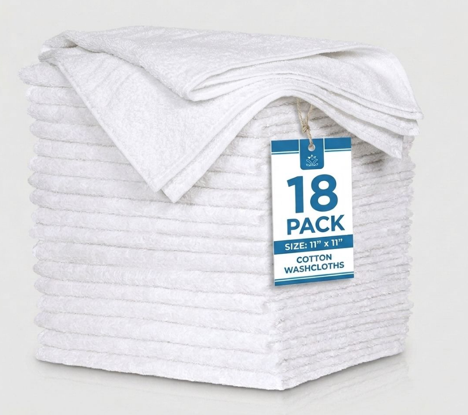 18 Pack White Cotton Washcloths, 11" x 11" Soft Absorbent Face Cloths, Reusable Terry Towel Wipes for Bathroom, Kitchen, Baby & Daily Cleansing