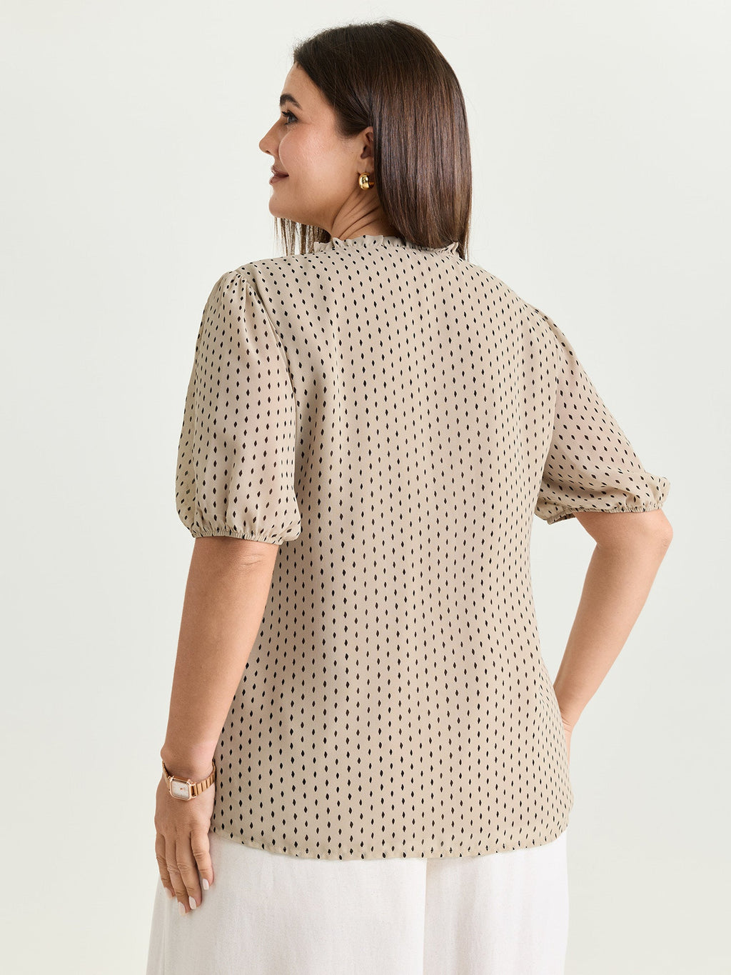 Geometric Print Pleated Ruffled Neck Blouse
