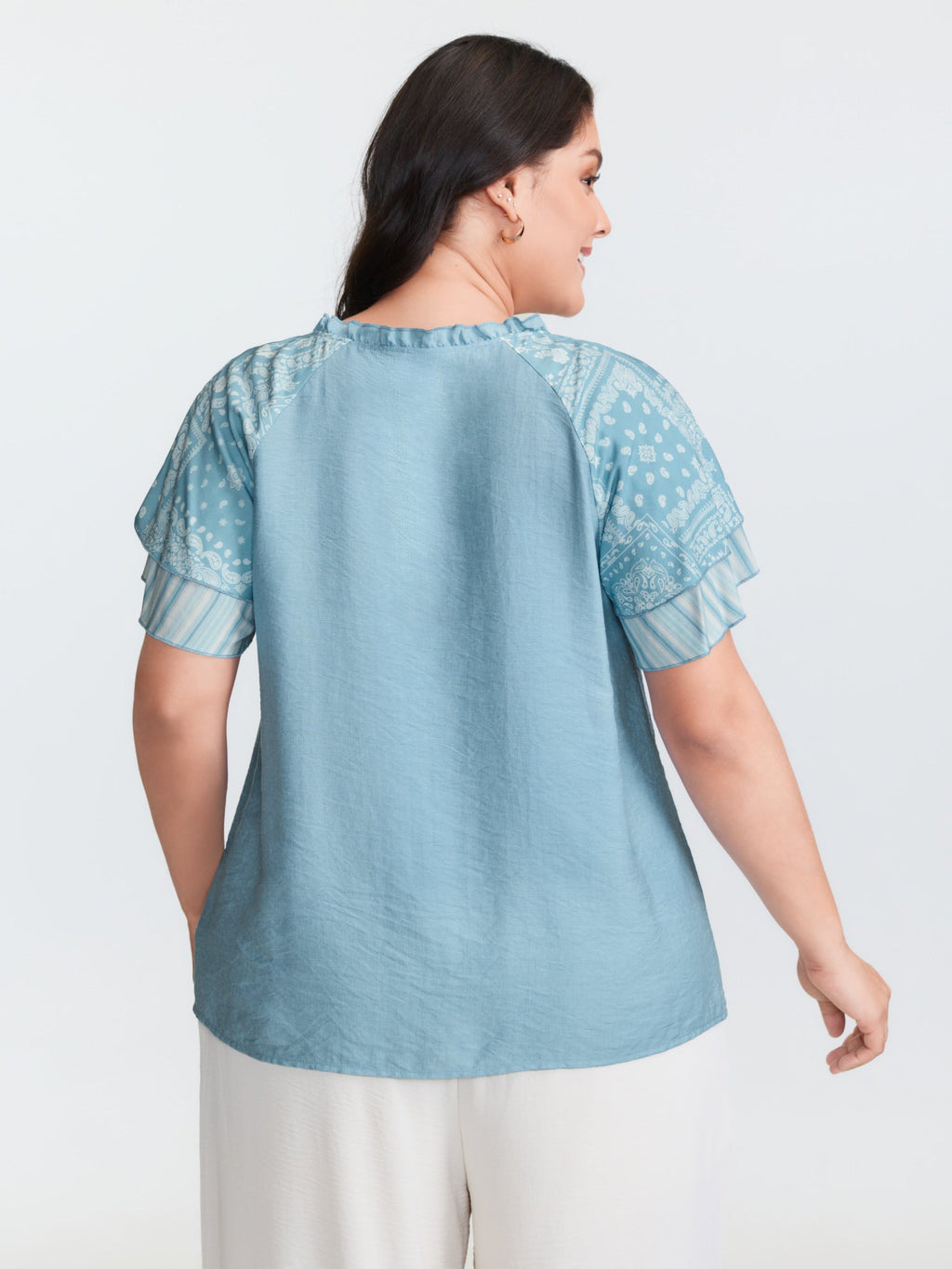 Rayon Color Contrast Ruffled Sleeve Blouse