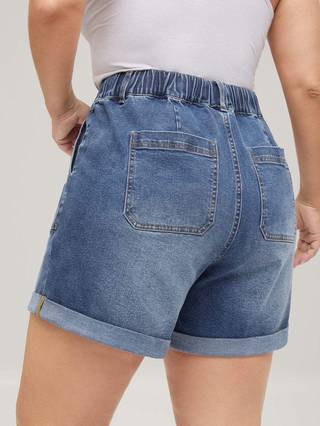 Pull-On Folded Hem High-Rise Denim Shorts