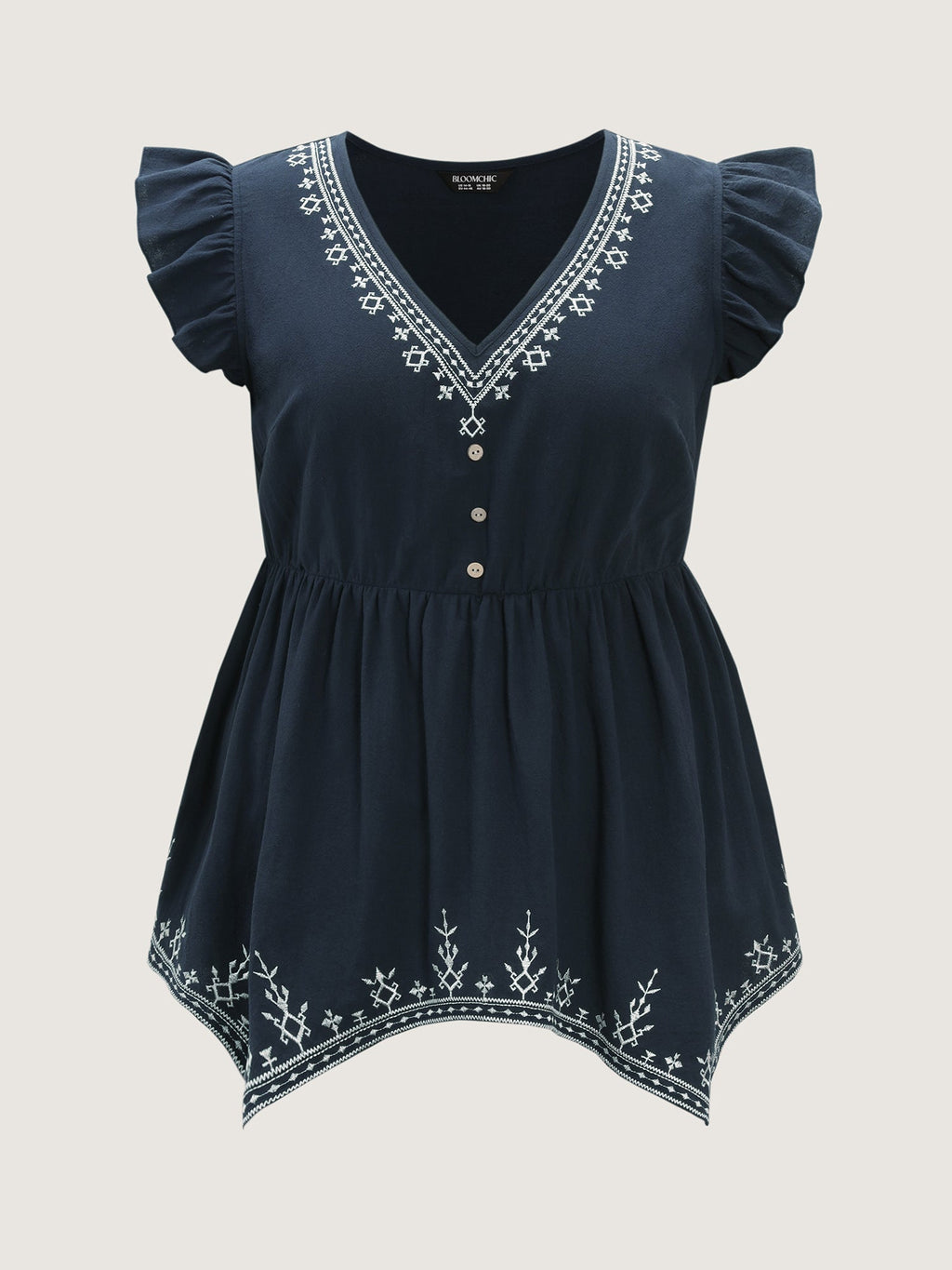 Cotton Embroidered Flutter Sleeve High-Low Hem Blouse