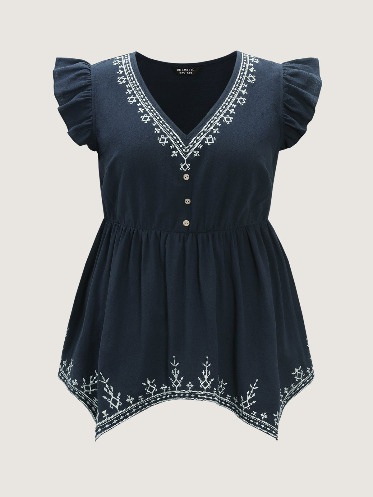 Cotton Embroidered Flutter Sleeve High-Low Hem Blouse