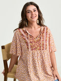 Micro Floral Print Drawstring Neckline Contrast Blouse