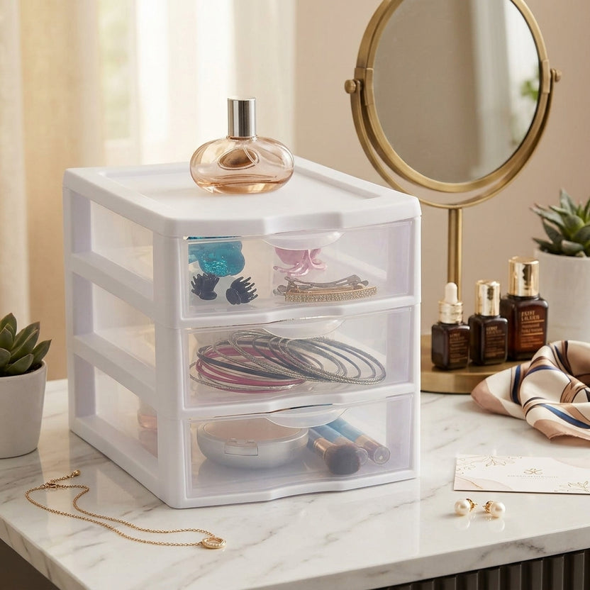 3-Tier Plastic Desktop Drawer Organizer, White Frame Semi-Clear Storage Chest for Desk, Vanity, Makeup & Small Office Supplies