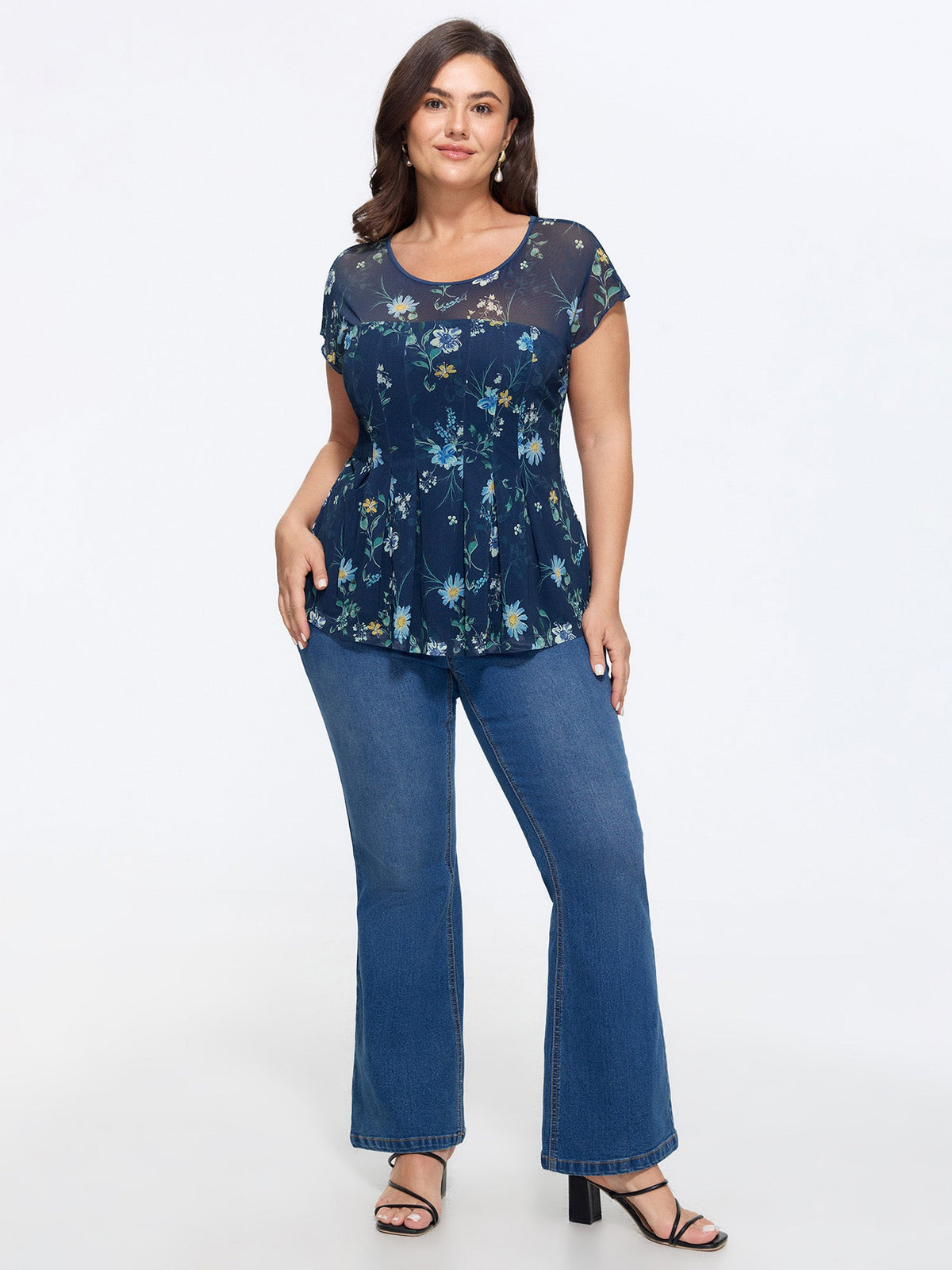 Stretchy Sheer Floral Mesh Pleated Top