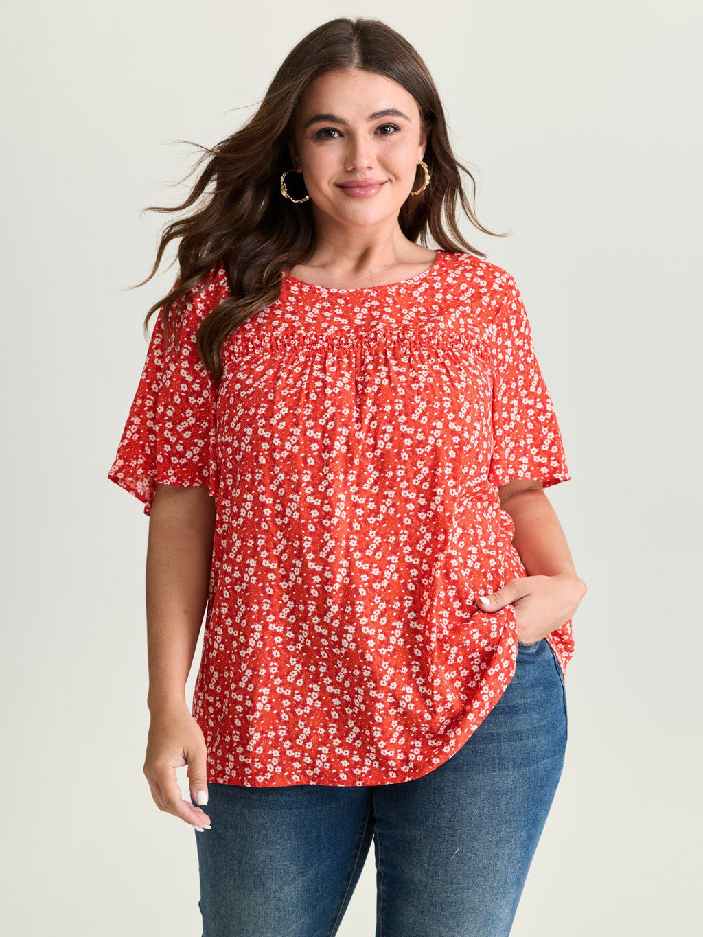 Floral Ruffle Sleeve Gathered Round Neck Blouse