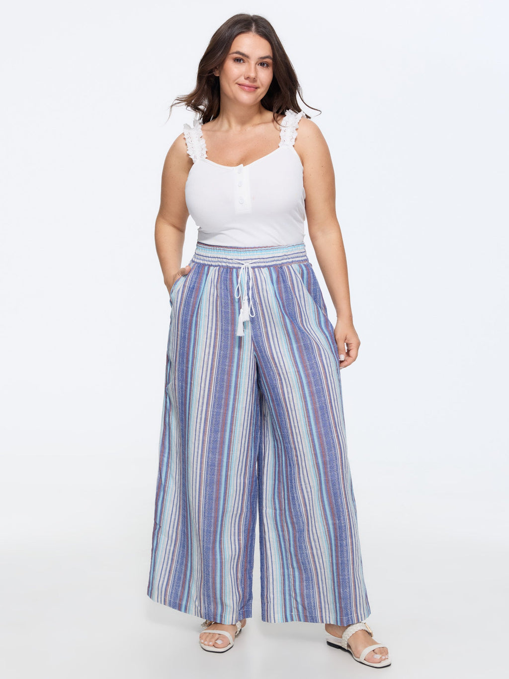 Cotton Striped Drawstring Wide Leg Pants
