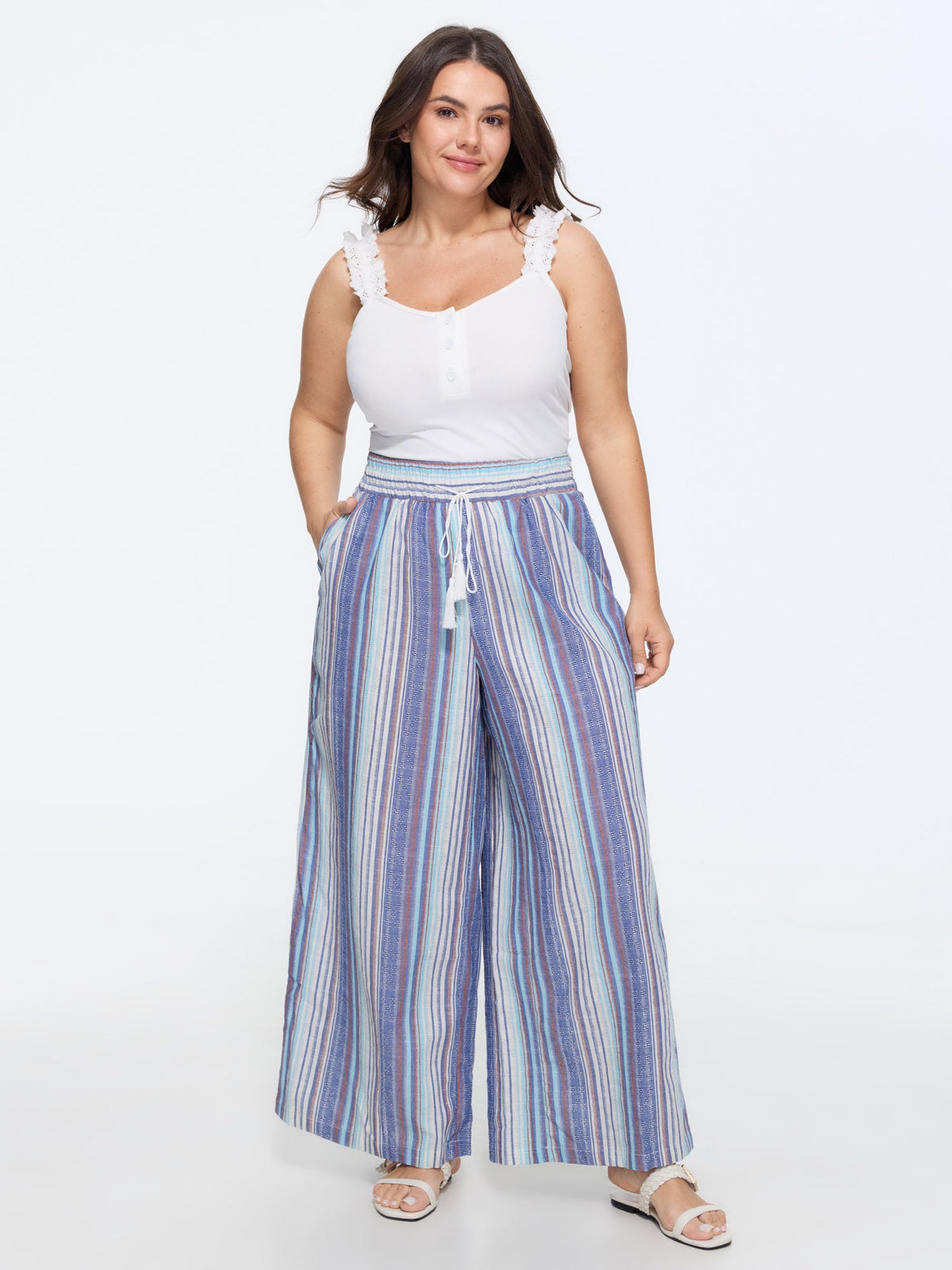 Cotton Striped Drawstring Wide Leg Pants