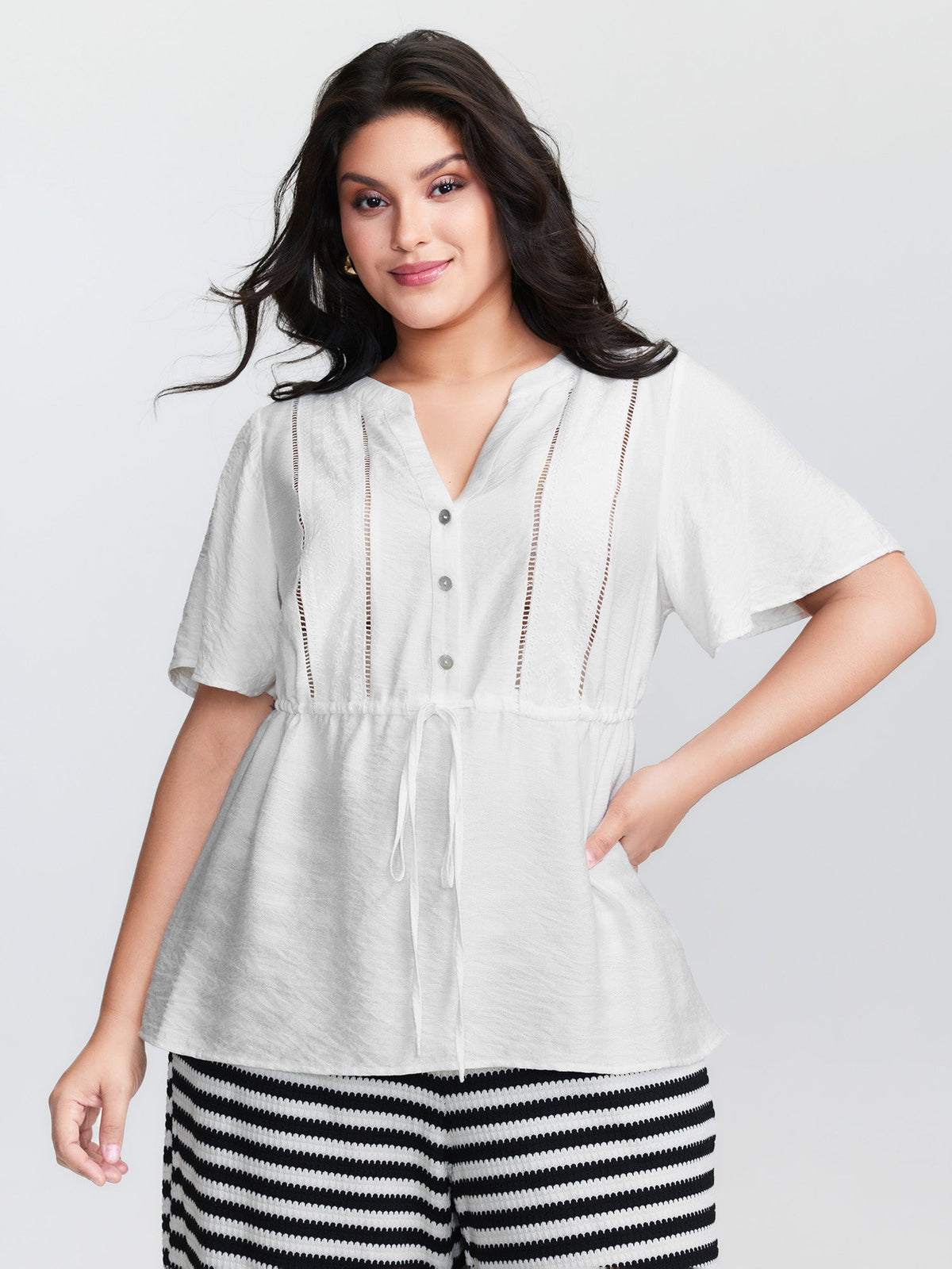 Lace Trim Drawstring Waist Plain Blouse