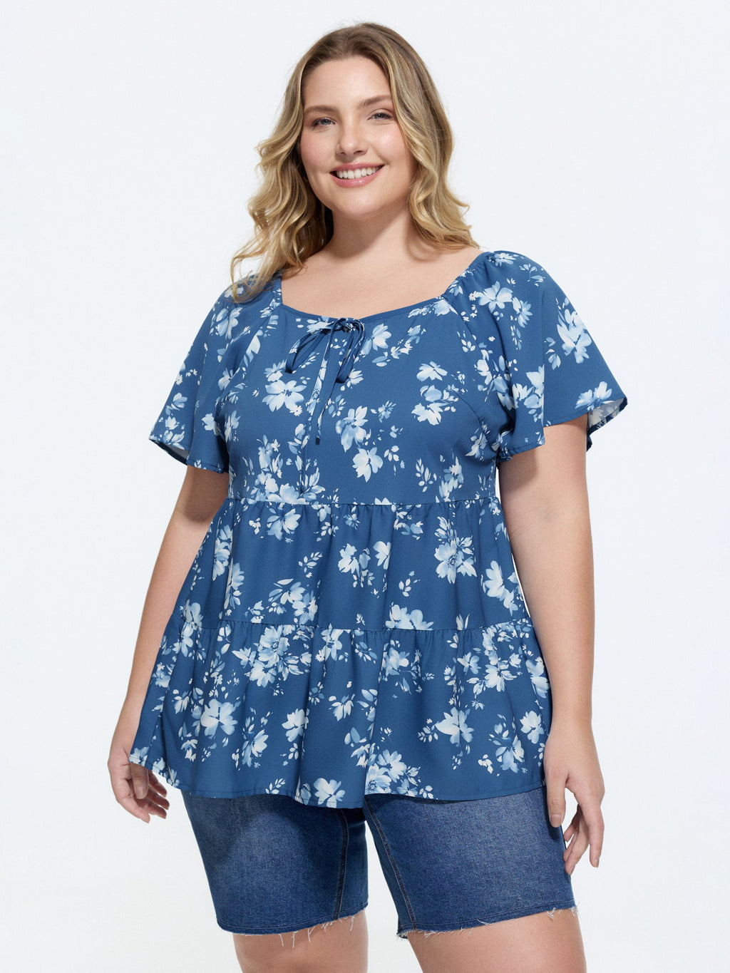 Micro Floral Print Sweetheart Neck Blouse