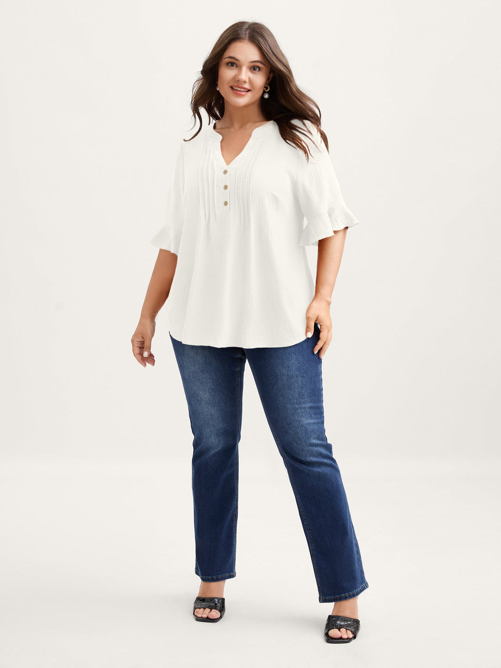Toothpick Pleats Ruffled Sleeve Solid Blouse