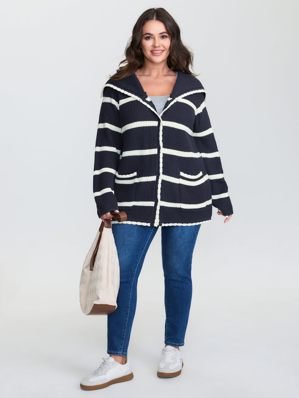 Striped Sailor Collar Pockets Knit Cardigan