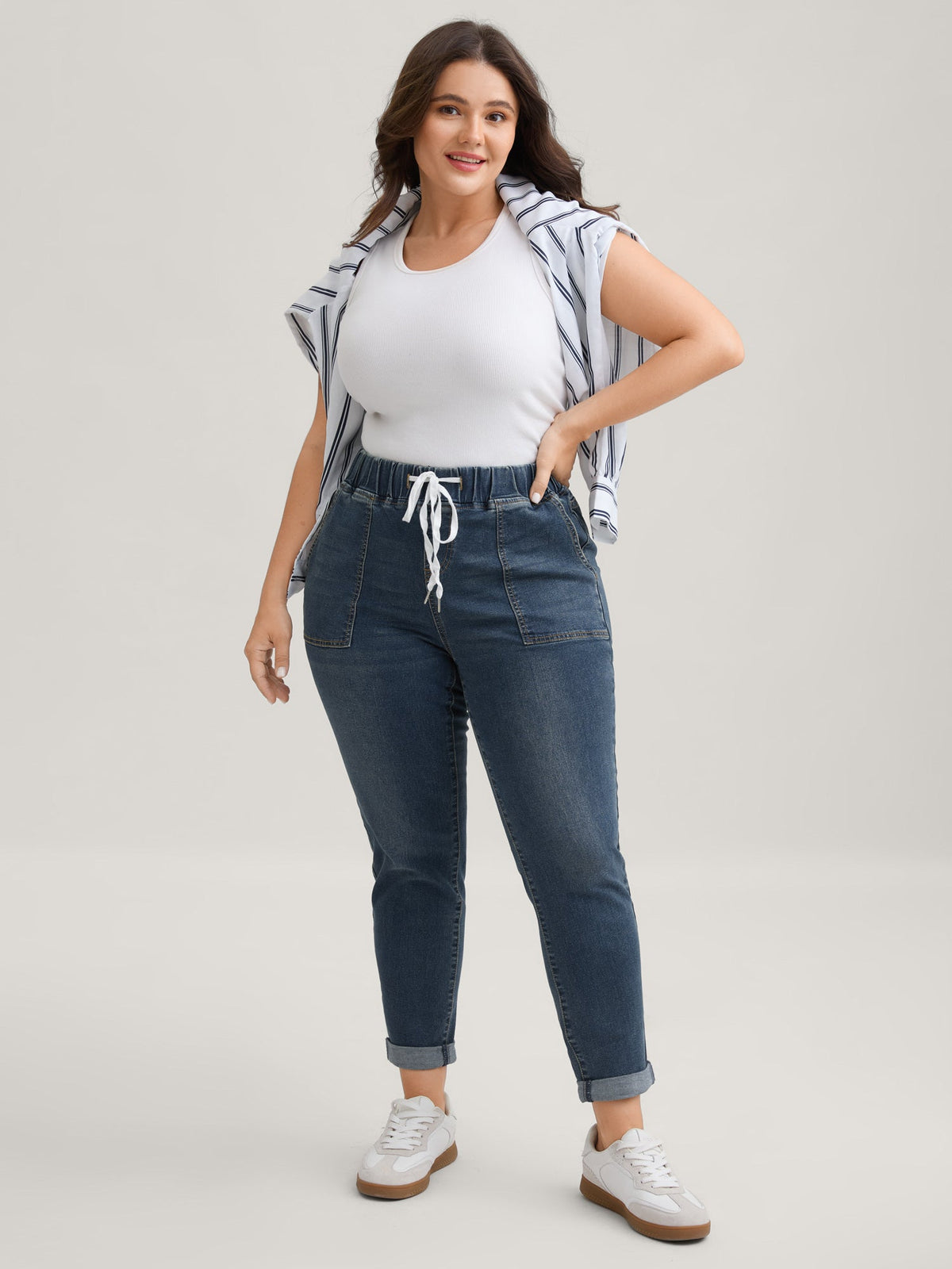 Pull-On Drawstring Folded Hem Boyfriend Jeans