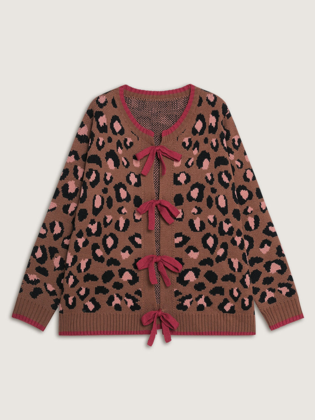 Leopard Pattern Color Contrast Bow Knit Cardigan