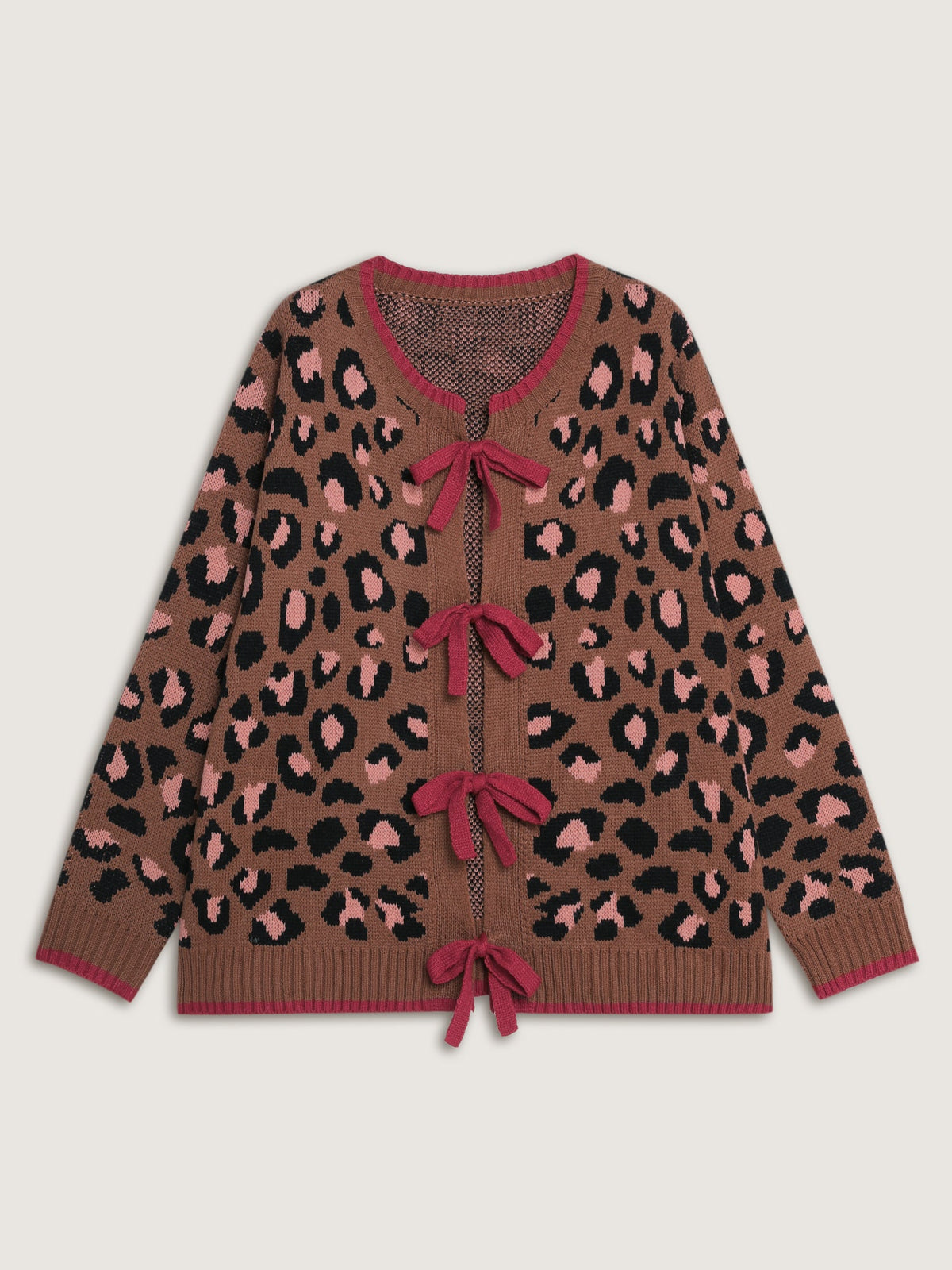 Leopard Pattern Color Contrast Bow Knit Cardigan