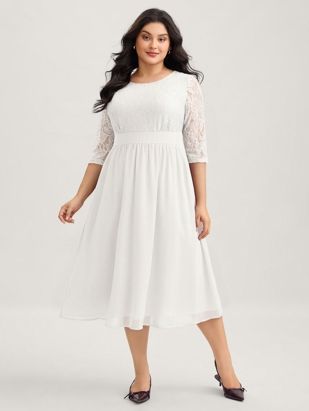 Lace Patchwork Shirred Midi Pocket Dress