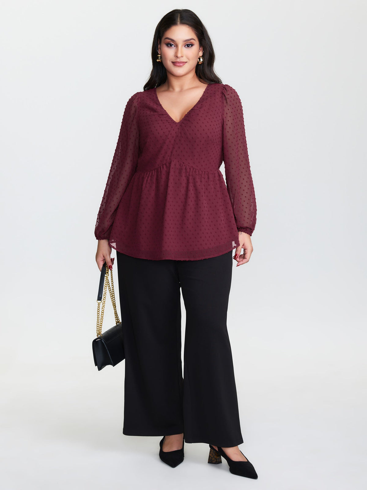 Polka Dot Jacquard Textured Shirred Blouse