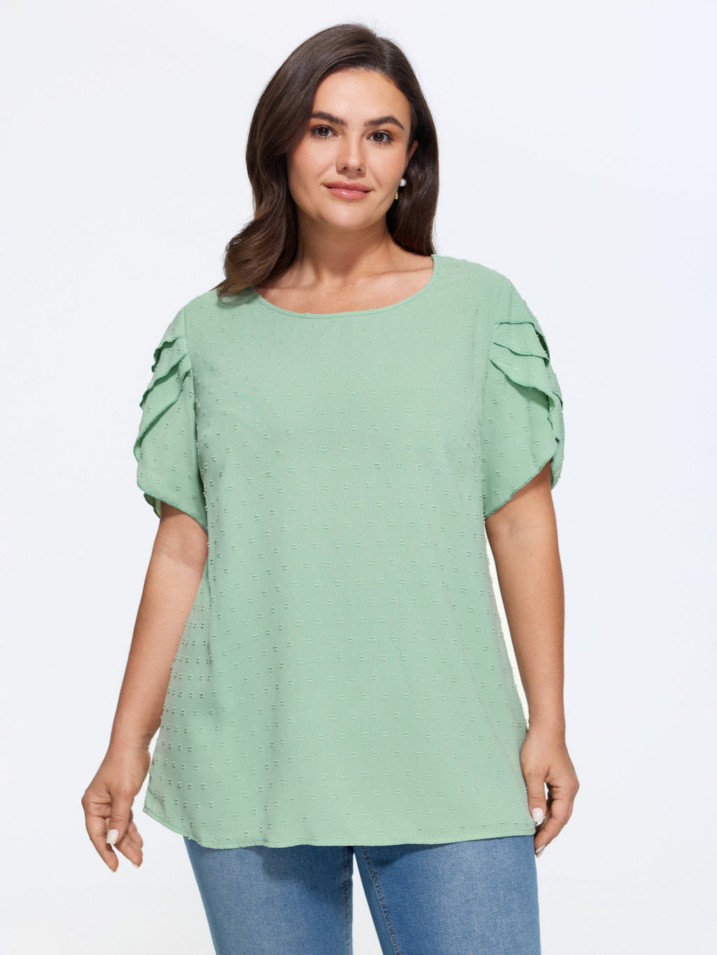 Textured Color Contrast Petal Sleeve Blouse