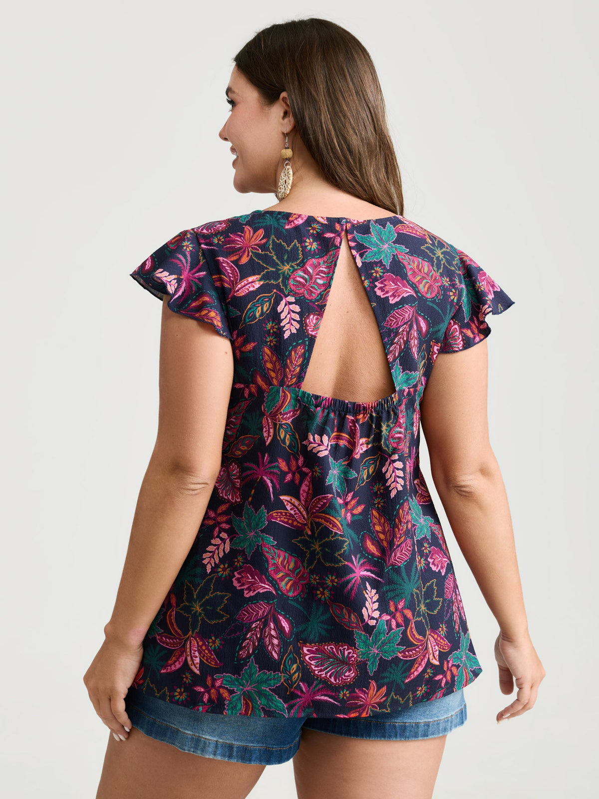 Bright Floral Texture Open-Back Blouse