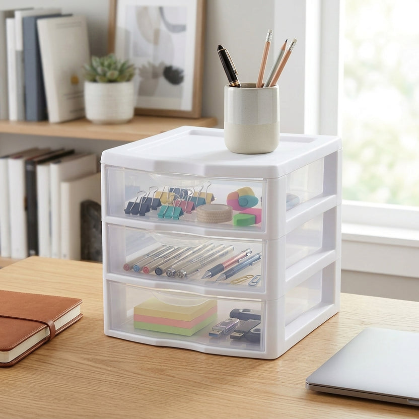 3-Tier Plastic Desktop Drawer Organizer, White Frame Semi-Clear Storage Chest for Desk, Vanity, Makeup & Small Office Supplies