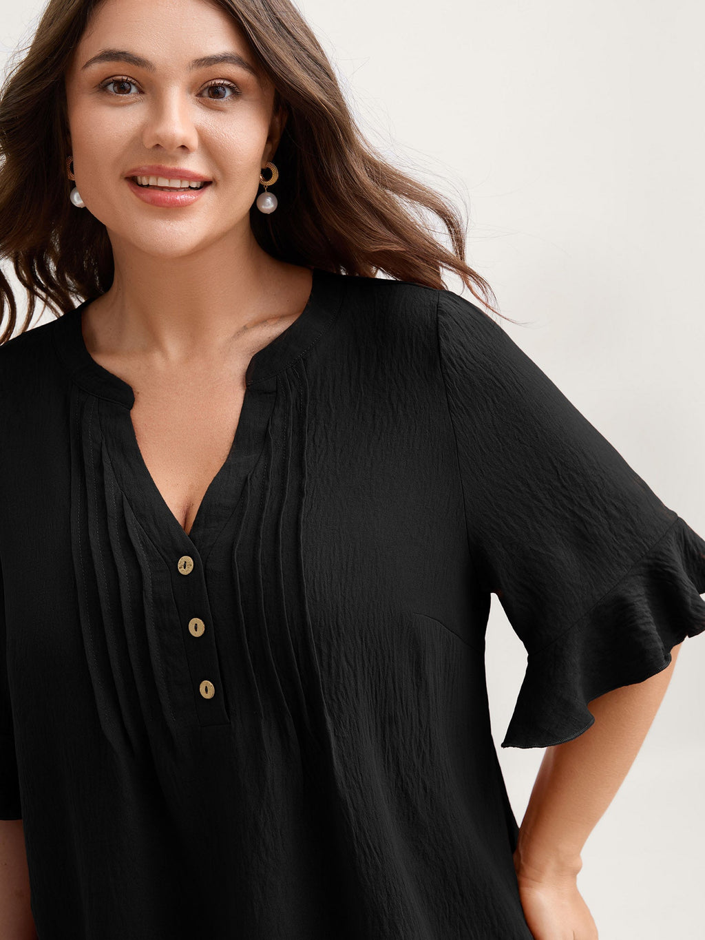 Toothpick Pleats Ruffled Sleeve Solid Blouse